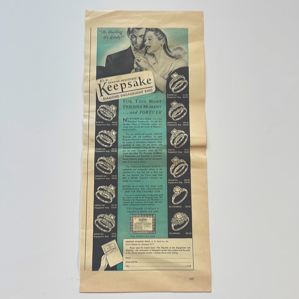 Vintage advertisement Keepsake Diamond engagement ring ad Tiffany Blue